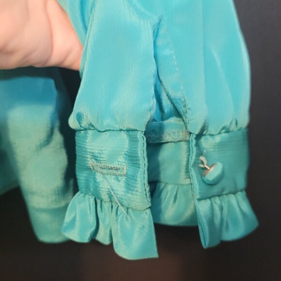 Vintage Polyester Blouse Turquoise Ruffle 70s Union Made Button Front Sz 38 Lrg - Picture 3 of 11